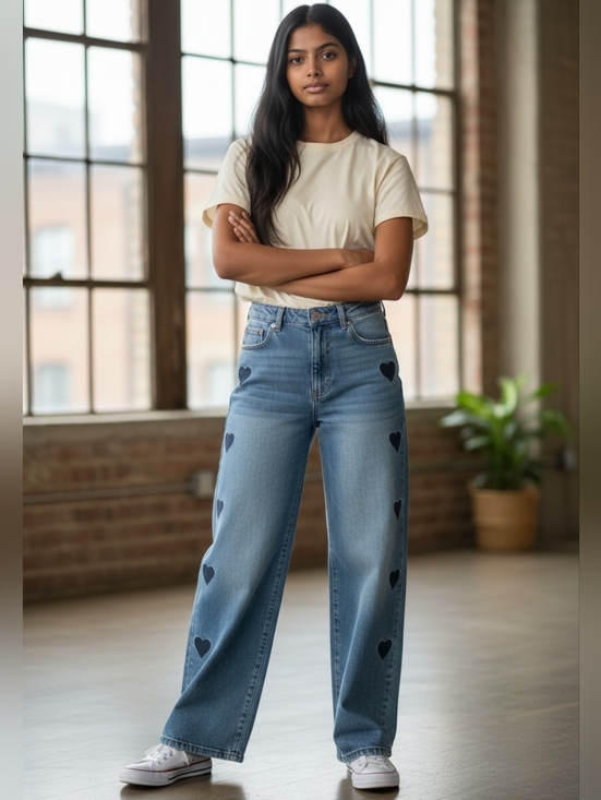 Madden Nyc Denim - Stylish Blue Heart Embellished Wide Leg Jeans
